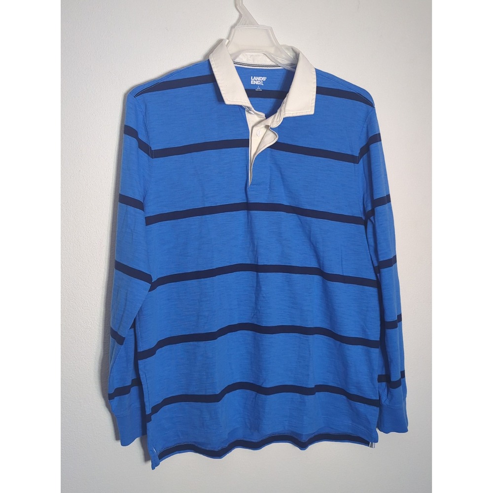 Lands End Mens Blue Striped Long Sleeve Rugby Shirt Preppy Retro Vintage Large